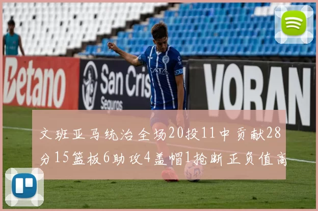 文班亚马统治全场20投11中贡献28分15篮板6助攻4盖帽1抢断正负值高达32